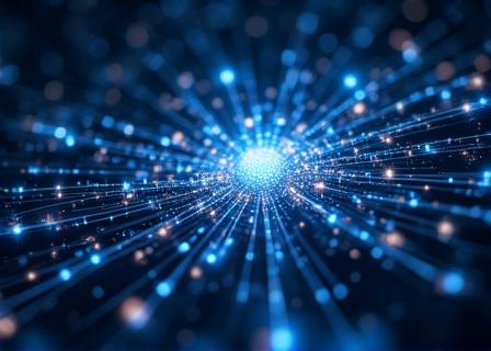 Rappresentazione astratta di flussi di dati digitali che circondano un profilo umano stilizzato
