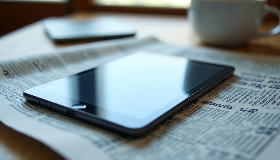 Un vecchio giornale appoggiato su un moderno tablet digitale in una redazione luminosa