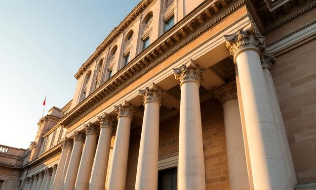 Dettaglio di un palazzo istituzionale romano alla luce del tramonto