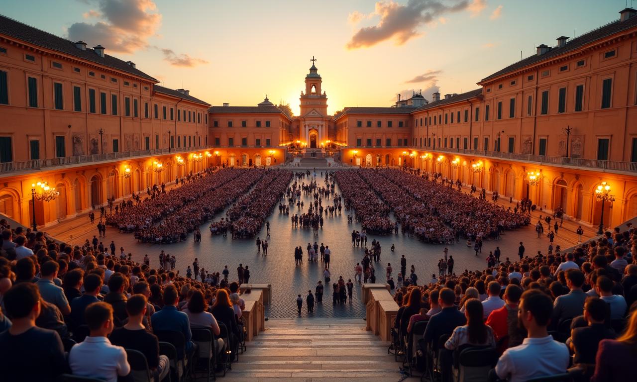 Veduta di una piazza romana gremita per un evento culturale all'aperto